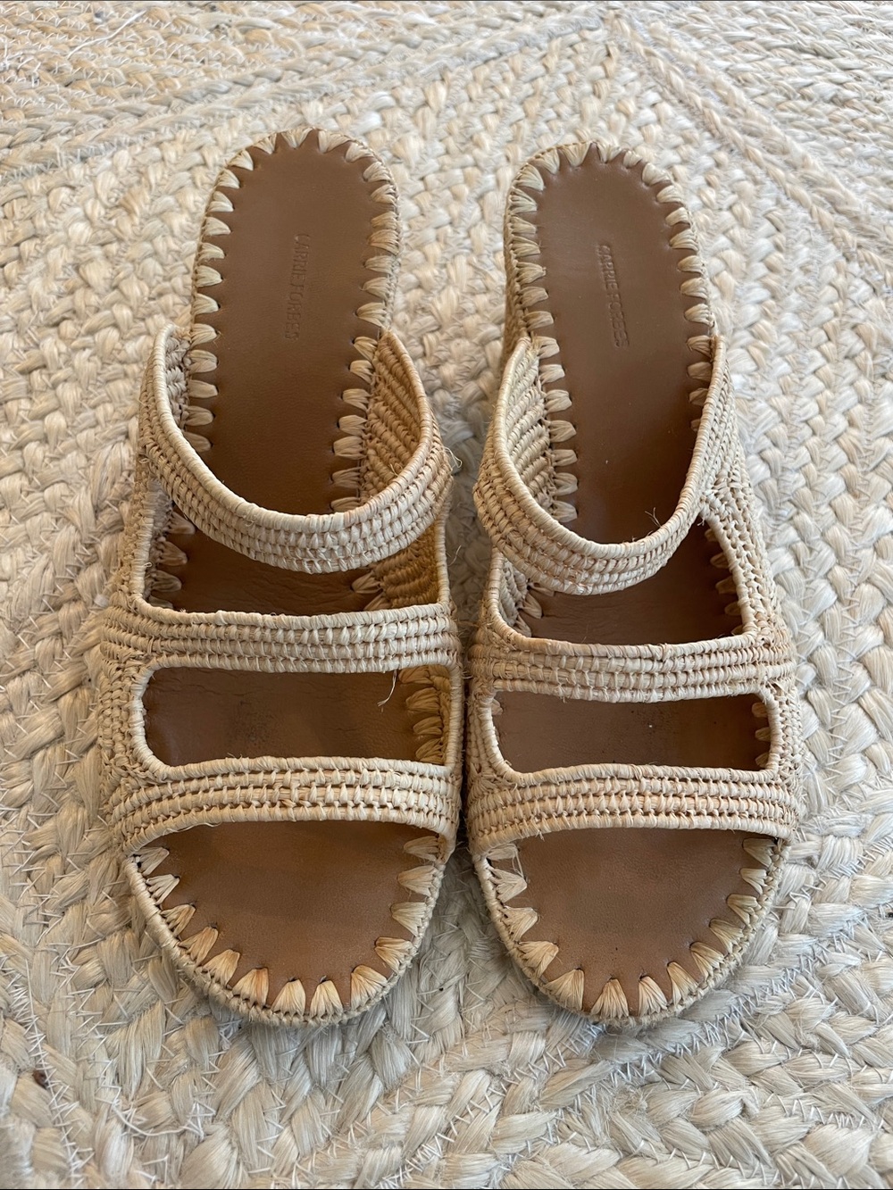 Woven Three-Strap Slide Block Heel Sandals in Natural Beige